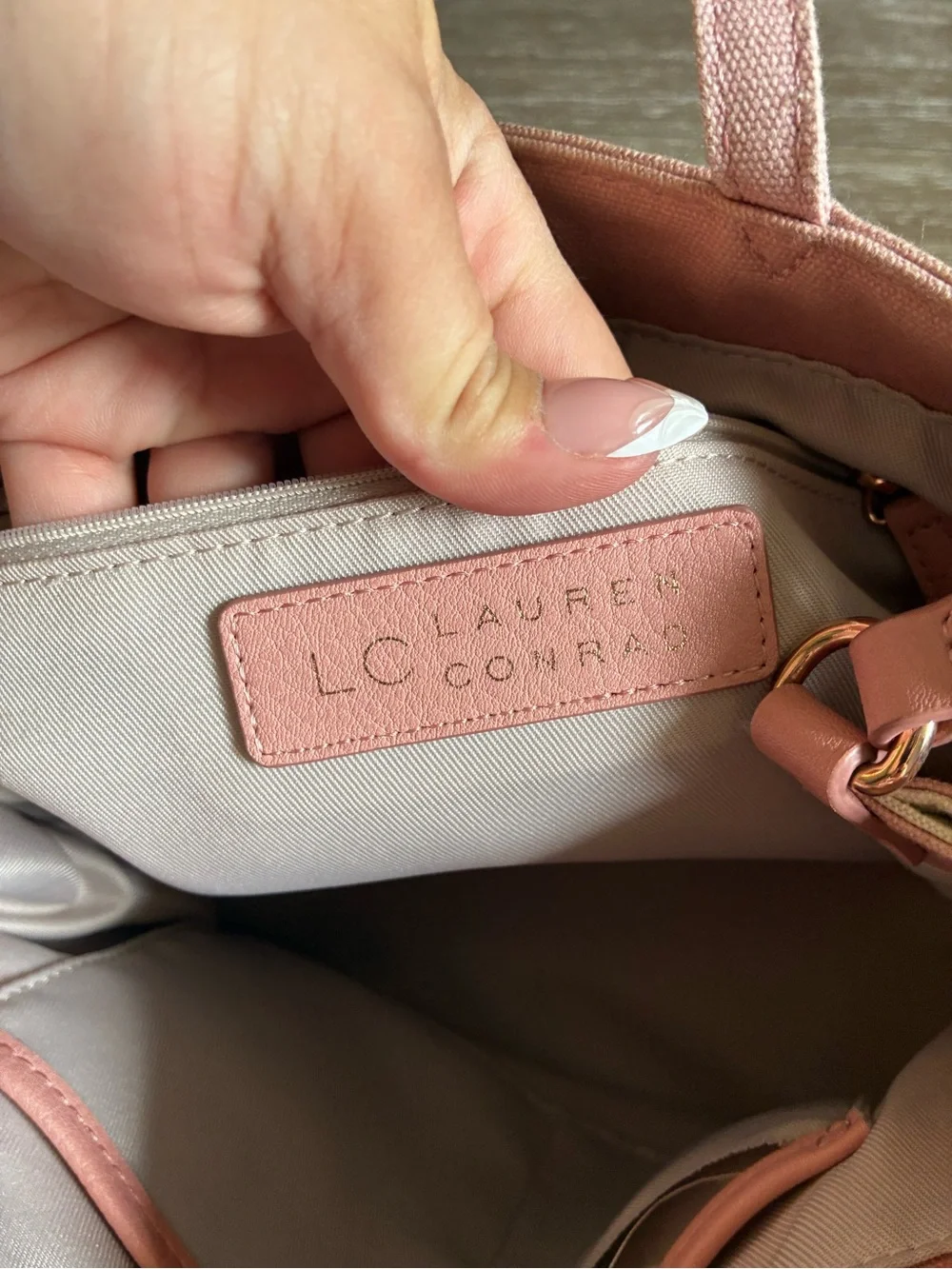 LC Lauren Conrad Mama Cream Canvas Tote with Faux Leather Straps and Pink Accent